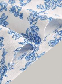 SHEIN MOD Floral Print Frill Trim Knot Front Tube Top - Blue and White - View 3