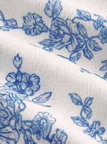 SHEIN MOD Floral Print Frill Trim Knot Front Tube Top - Blue and White - View 4