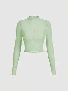SHEIN MOD Lettuce Trim Mock Neck Seam Detail Top - Mint Green - View 1