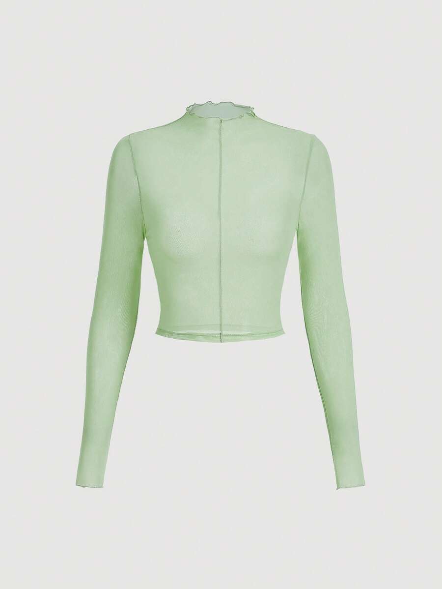 SHEIN MOD Lettuce Trim Mock Neck Seam Detail Top - Mint Green - View 1