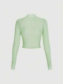 SHEIN MOD Lettuce Trim Mock Neck Seam Detail Top - Mint Green - View 2