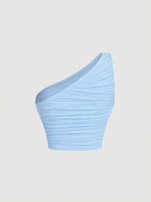 SHEIN MOD Top de un hombro fruncido de malla - Celeste - Ver 2