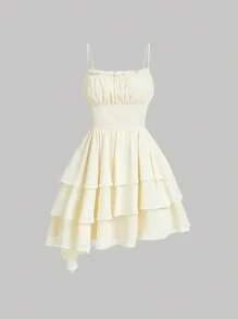 SHEIN MOD Vestido de tirantes unicolor pecho con fruncido bajo a capas - Albaricoque - Ver 1