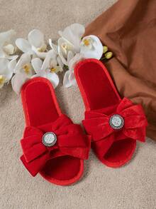 Glamorous Red Slippers For Women, Rhinestone & Bow Decor Bedroom Slippers - Red - View 5