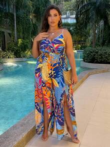 SHEIN LUNE Plus Tropical Print Split Thigh Cami Jumpsuit - Multicolor - View 2