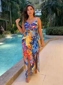 SHEIN LUNE Plus Tropical Print Split Thigh Cami Jumpsuit - Multicolor - View 5