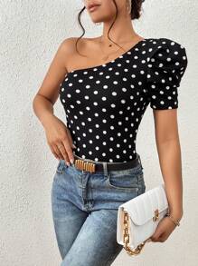 SHEIN Privé Polka Dot One Shoulder Puff Sleeve Tee - Black and White - View 1