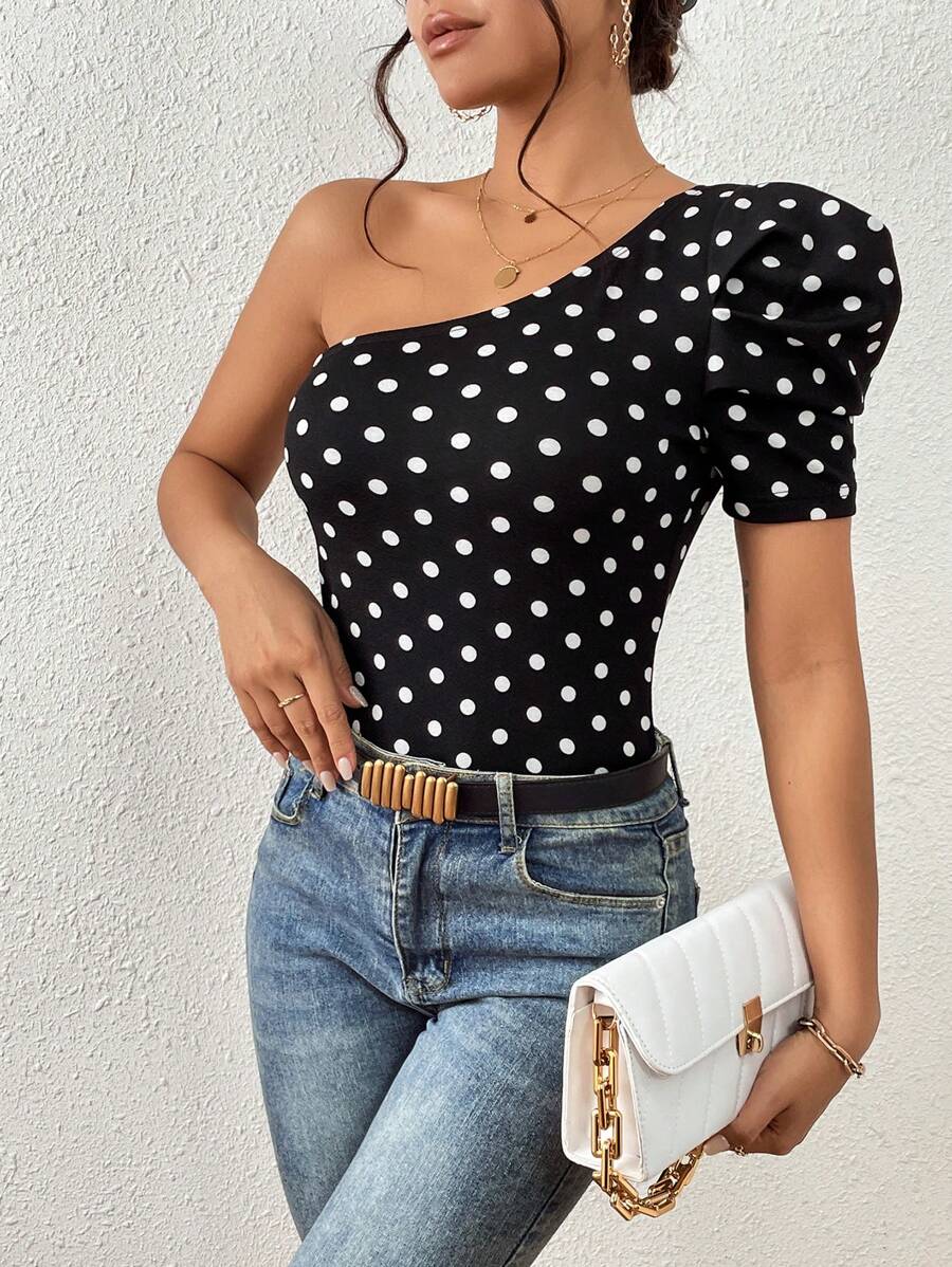 SHEIN Privé Polka Dot One Shoulder Puff Sleeve Tee - Black and White - View 1