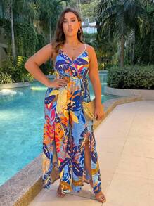 SHEIN LUNE Plus Tropical Print Split Thigh Cami Jumpsuit - Multicolor - View 1