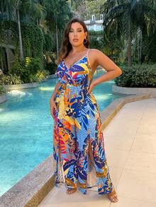 SHEIN LUNE Plus Tropical Print Split Thigh Cami Jumpsuit - Multicolor - View 6