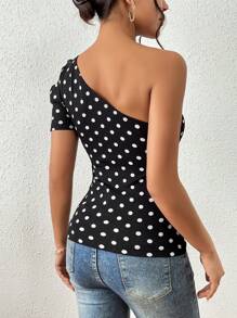 SHEIN Privé Polka Dot One Shoulder Puff Sleeve Tee - Black and White - View 2
