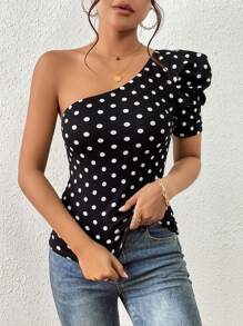 SHEIN Privé Polka Dot One Shoulder Puff Sleeve Tee - Black and White - View 3