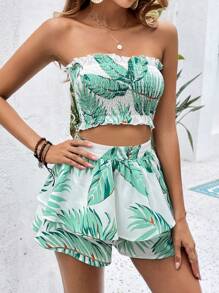 SHEIN VCAY 熱帶圖案抹胸上衣和短褲 - 白色 - 查看 4