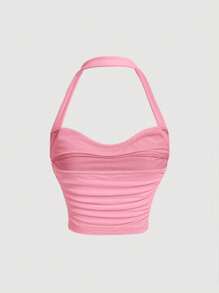 SHEIN MOD Solid Ruched Halter Top - Pink - View 2