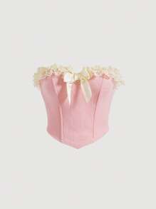 SHEIN MOD áo nữ kích thước lớn Bất đối xứng Tương phản ren Xù Nơ trước Khối Màu Giải trí - Màu Hồng baby - Xem 1