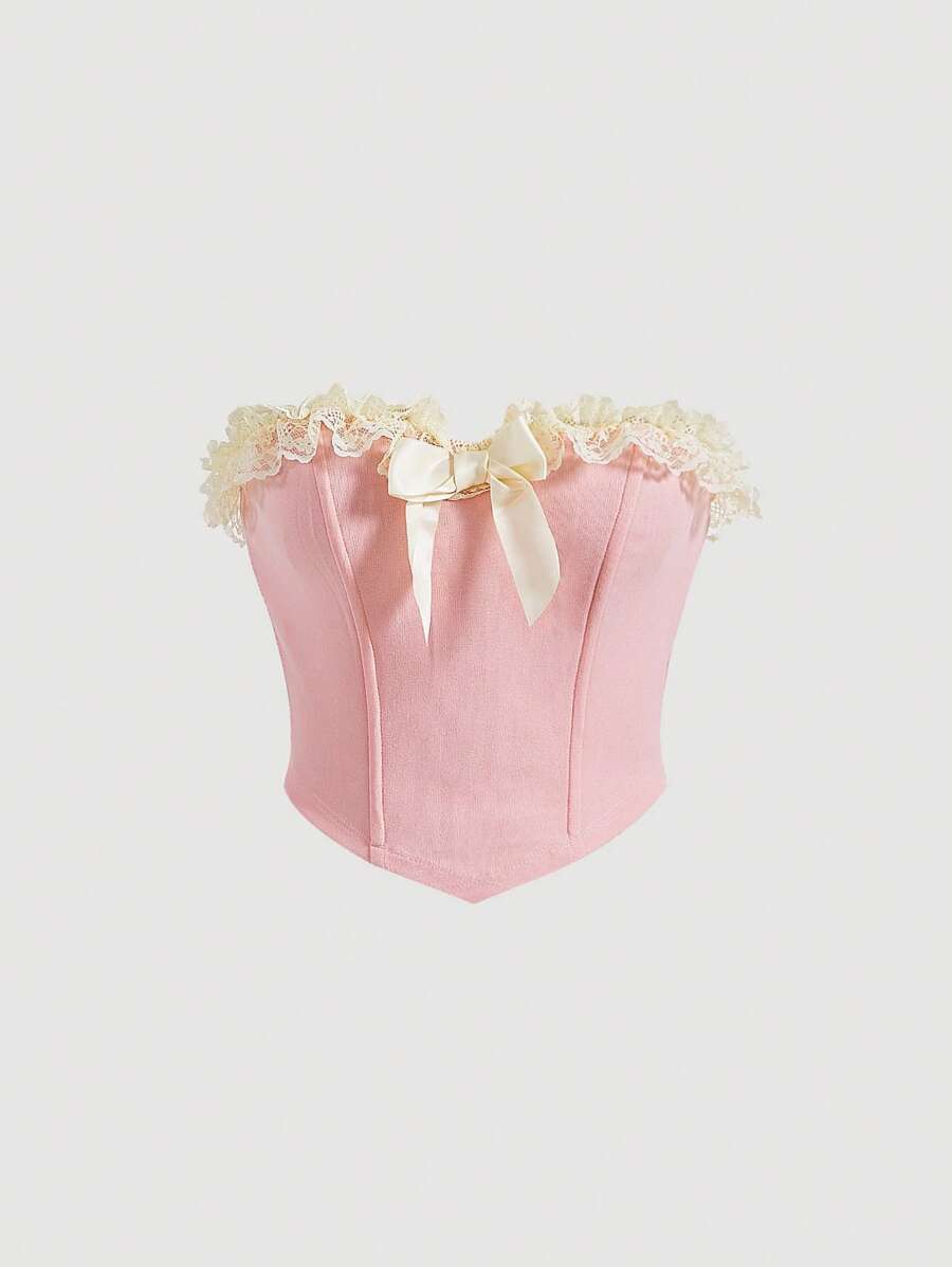 SHEIN MOD áo nữ kích thước lớn Bất đối xứng Tương phản ren Xù Nơ trước Khối Màu Giải trí - Màu Hồng baby - Xem 1