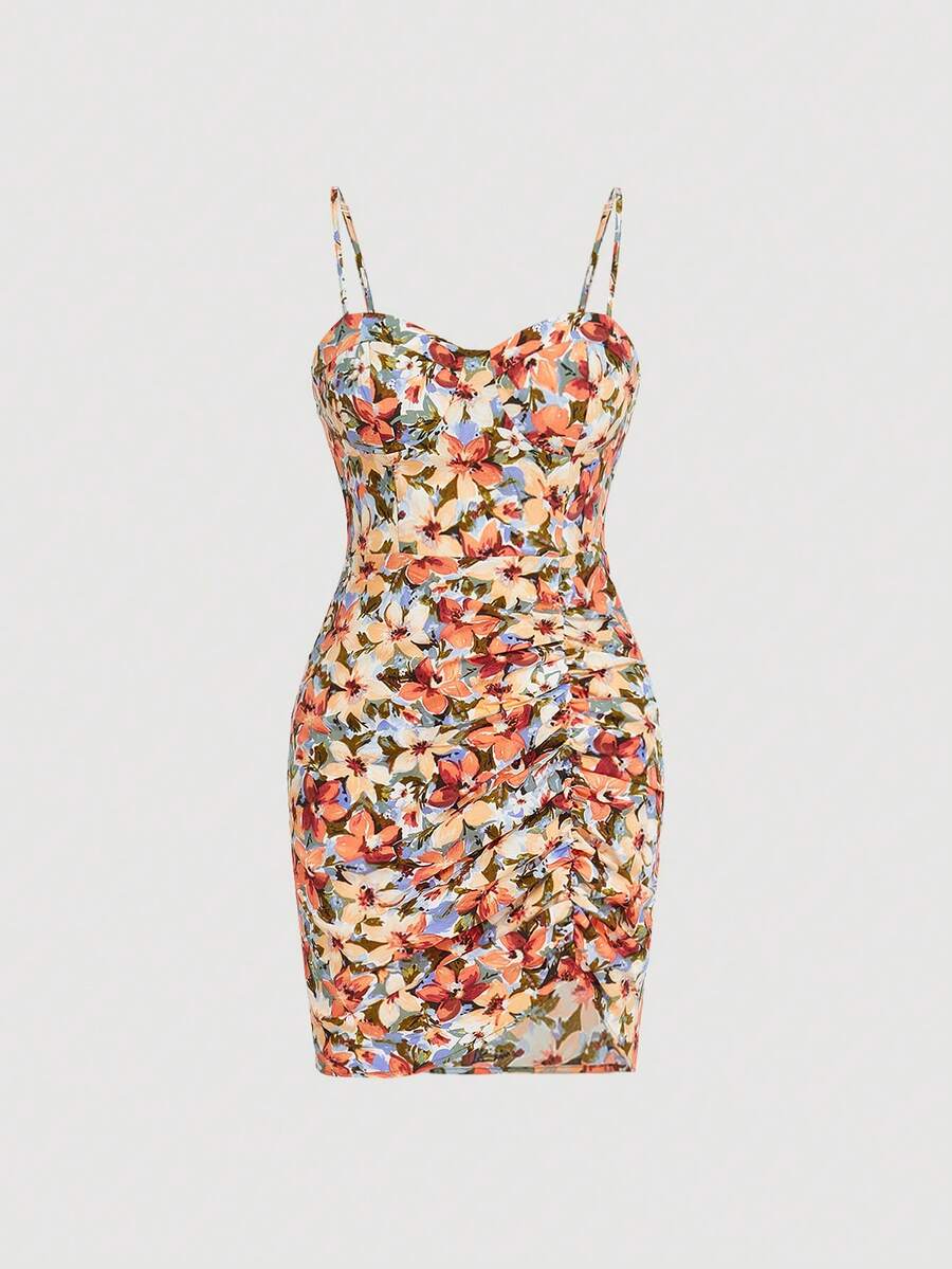 SHEIN MOD Đầm Xù Dây kéo Hoa Tất cả trên in Boho - trái cam - Xem 1