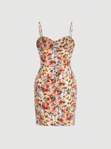 SHEIN MOD Đầm Xù Dây kéo Hoa Tất cả trên in Boho - trái cam - Xem 2