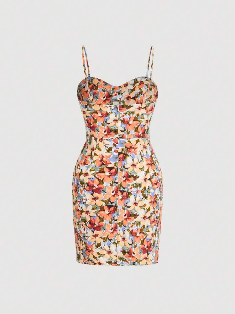 SHEIN MOD Đầm Xù Dây kéo Hoa Tất cả trên in Boho - trái cam - Xem 2