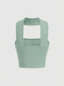 SHEIN MOD Solid Ribbed Knit Halter Top - Mint Green - View 2