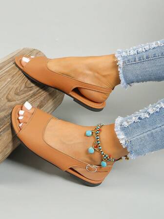 優雅棕色涼鞋適用於女士荔枝紋壓花搭扣裝飾露跟涼鞋