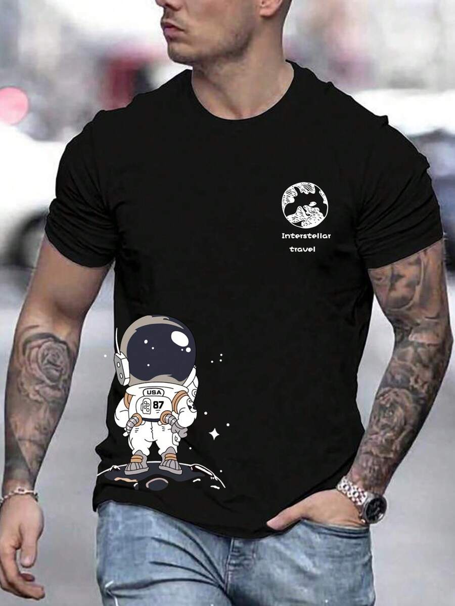 Manfinity Homme Men Astronaut & Letter Graphic Tee - Black - View 1