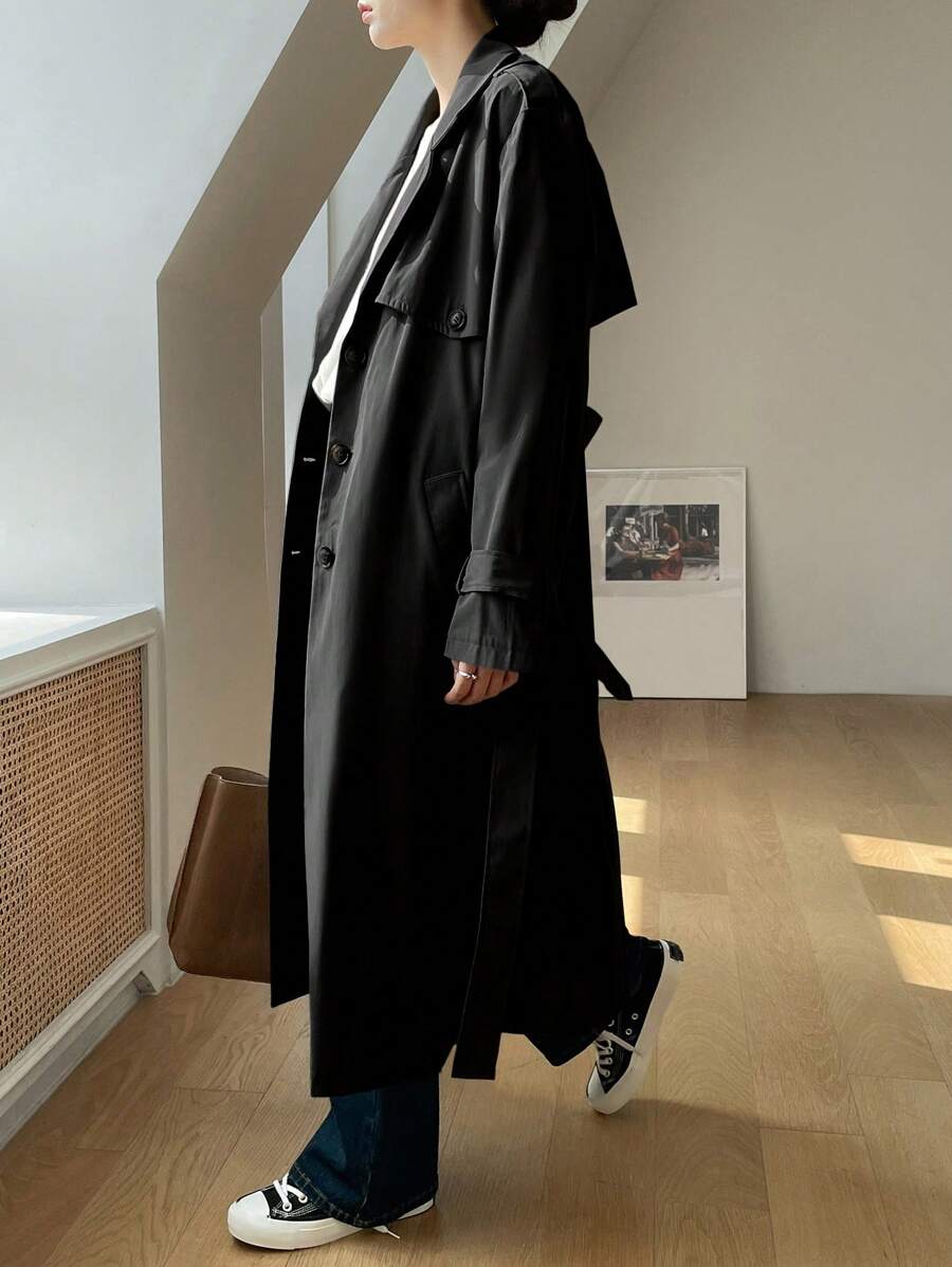 DAZY 纯色长款休闲商务风衣，返校服女装夹克，秋季女装 - 黑色 - 查看 1