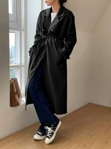 DAZY 纯色长款休闲商务风衣，返校服女装夹克，秋季女装 - 黑色 - 查看 3
