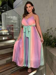 SHEIN Holidaya Plus Ombre Print Belted Cami Dress - Multicolor - View 3