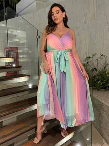 SHEIN Holidaya Plus Ombre Print Belted Cami Dress - Multicolor - View 4