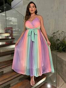 SHEIN Holidaya Plus Ombre Print Belted Cami Dress - Multicolor - View 5