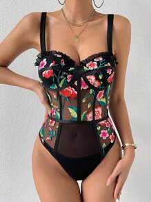 Allurite 印花褶邊網紗吊帶連體衣 - 彩色 - 查看 3