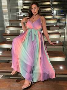 SHEIN Holidaya Plus Ombre Print Belted Cami Dress - Multicolor - View 6