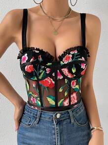 Allurite 印花褶邊網紗吊帶連體衣 - 彩色 - 查看 4