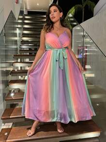 SHEIN Holidaya Plus Ombre Print Belted Cami Dress - Multicolor - View 7