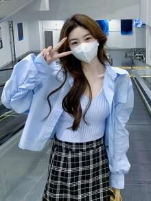 Camisa amplia unicolor de hombros caídos - Celeste - Ver 1