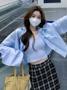 Camisa amplia unicolor de hombros caídos - Celeste - Ver 3