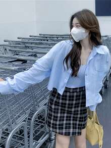 Camisa amplia unicolor de hombros caídos - Celeste - Ver 4