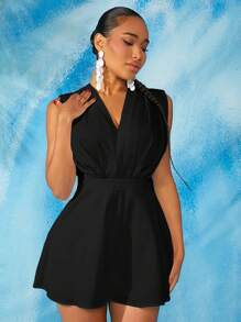 SHEIN SXY Solid Tie Backless Romper - Black - View 1