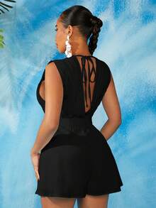 SHEIN SXY Solid Tie Backless Romper - Black - View 5