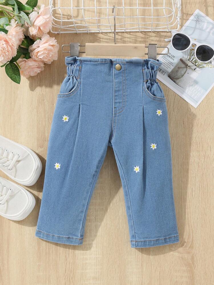 Baby Girl Floral Embroidery Paperbag Waist Plicated Detail Jeans