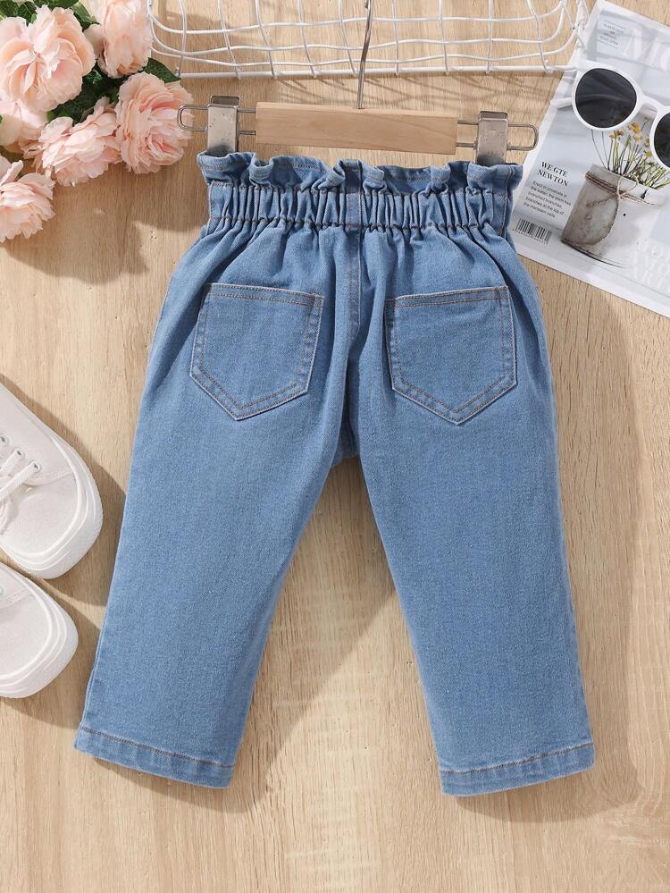 Baby Girl Floral Embroidery Paperbag Waist Plicated Detail Jeans