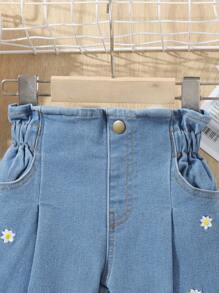 Jeans De Cintura Paperbag Plisada Con Detalle De Bordado Floral Para Bebé Niña - Lavado ligero - Ver 3