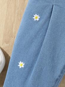 Jeans De Cintura Paperbag Plisada Con Detalle De Bordado Floral Para Bebé Niña - Lavado ligero - Ver 5