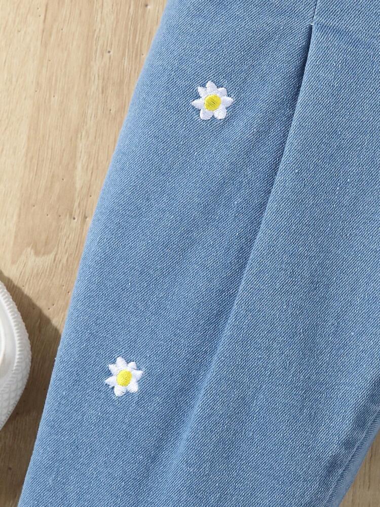 Baby Girl Floral Embroidery Paperbag Waist Plicated Detail Jeans