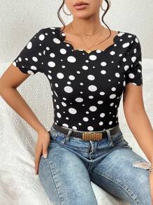 SHEIN Unity Áo thun nữ Sò điệp Chấm bi Giải trí - Đen và trắng - Xem 2