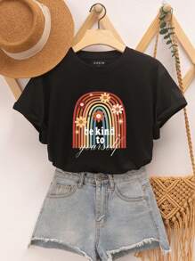 SHEIN LUNE Áo thun nữ Hoa Slogan Giải trí - màu đen - Xem 1