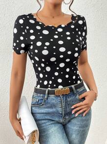 SHEIN Unity Áo thun nữ Sò điệp Chấm bi Giải trí - Đen và trắng - Xem 4