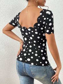 SHEIN Unity Áo thun nữ Sò điệp Chấm bi Giải trí - Đen và trắng - Xem 5