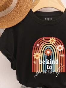 SHEIN LUNE Áo thun nữ Hoa Slogan Giải trí - màu đen - Xem 3